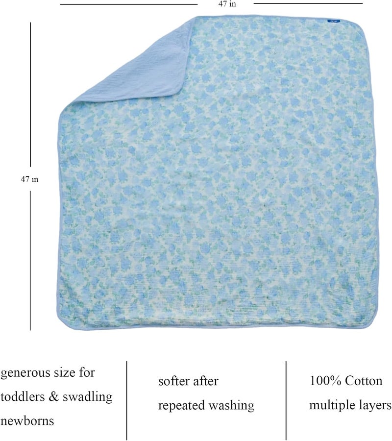 JoyTrek 100% Cotton Muslin Baby Blanket,Reversible Receiving Blanket for Girls,Premium Organic Cotton Crib Quilt for Newborns Toddlers,Soft&Durable for Nursery,Tummy Time,Blue Rose 47x47in - Image 2